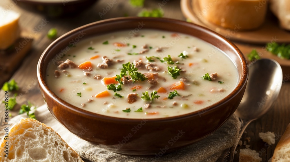 Creamy beef soup with carrots, served in a bowl with bread Creamy beef soup with carrots, served in a bowl with bread