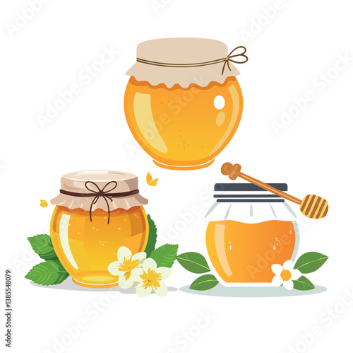 Three jars of delicious golden honey with dipper and floral decoration