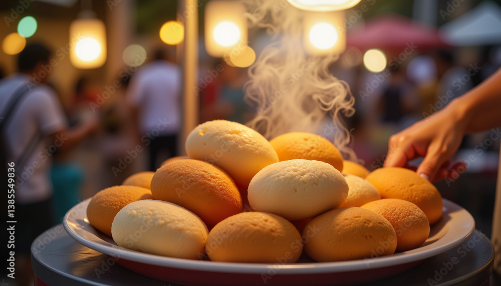 Obraz premium Steaming puto bumbong at outdoor food stall, festive atmosphere