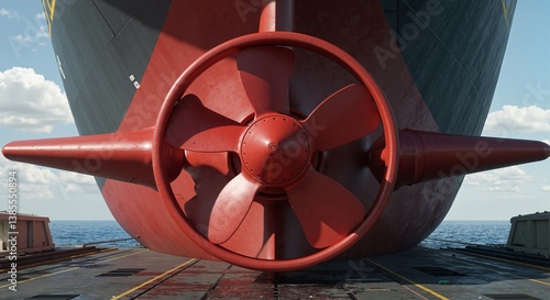 Close-up of ship in dry dock with propeller and rudder, red hull