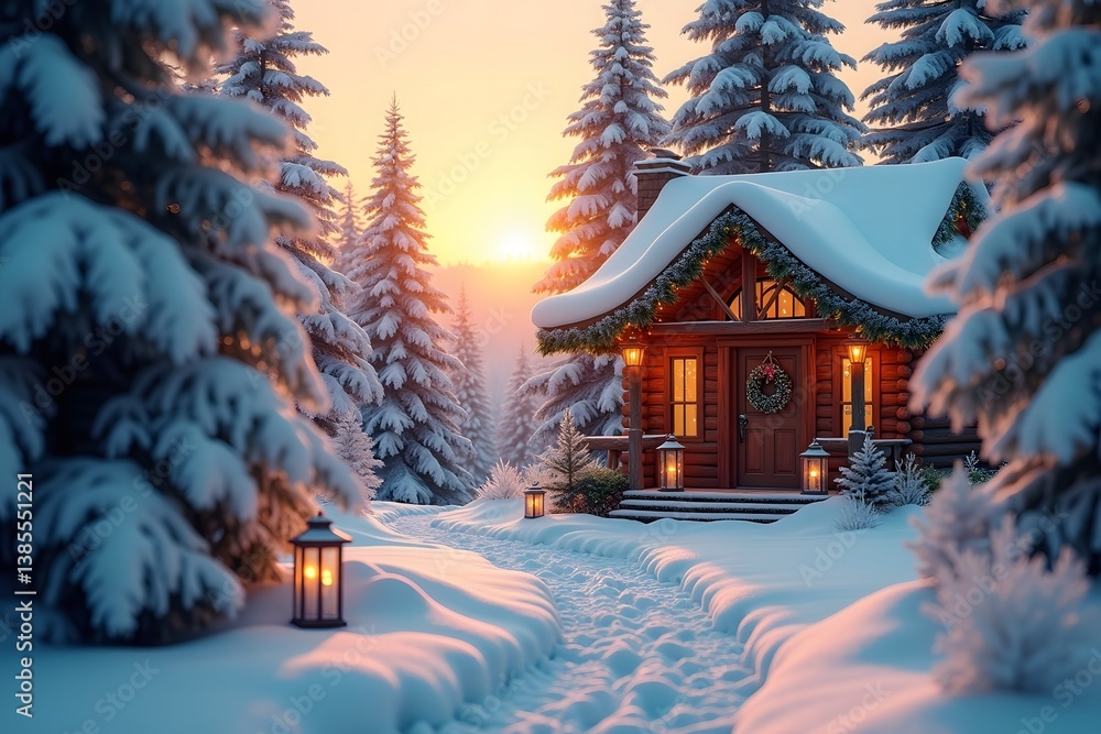 Fototapeta premium Peaceful winter forest path leading to a cozy decorated cabin with festive holiday lights.