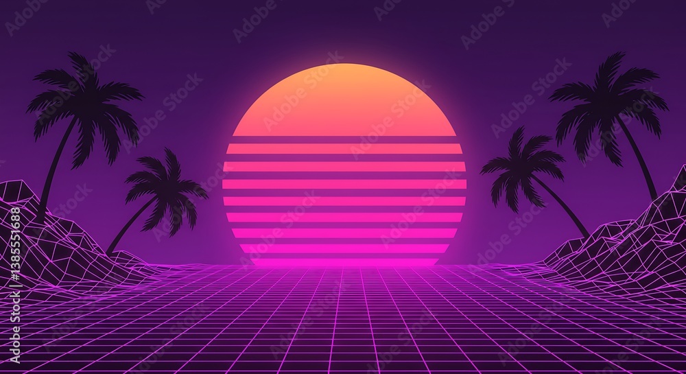 Naklejka premium Synthwave Sunset Shores AI Generated