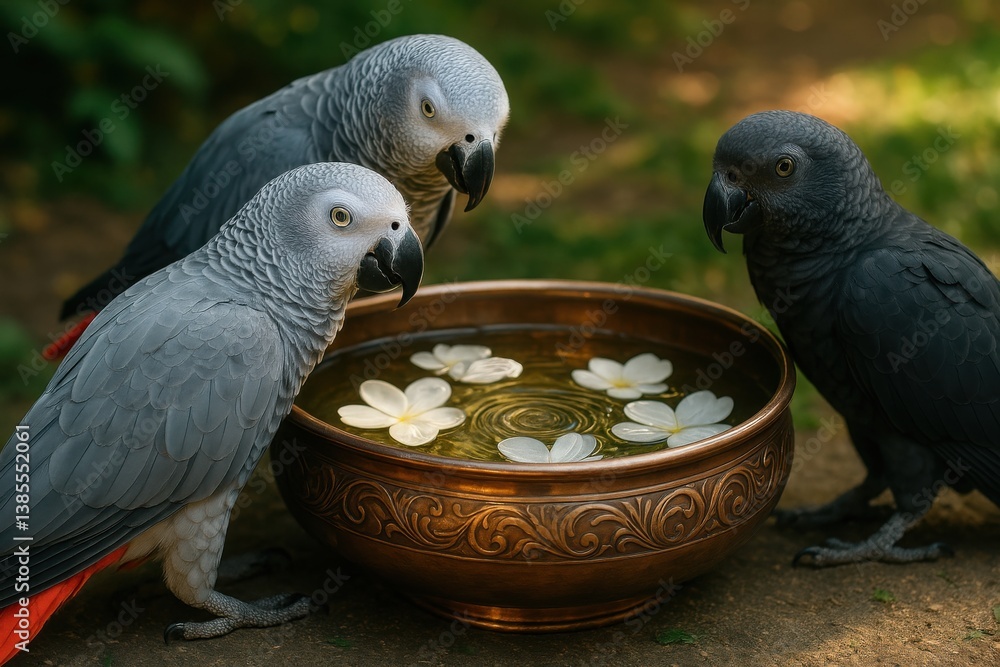Obraz premium African grey parrots drinking from ornate water bowl with floating petals on garden path