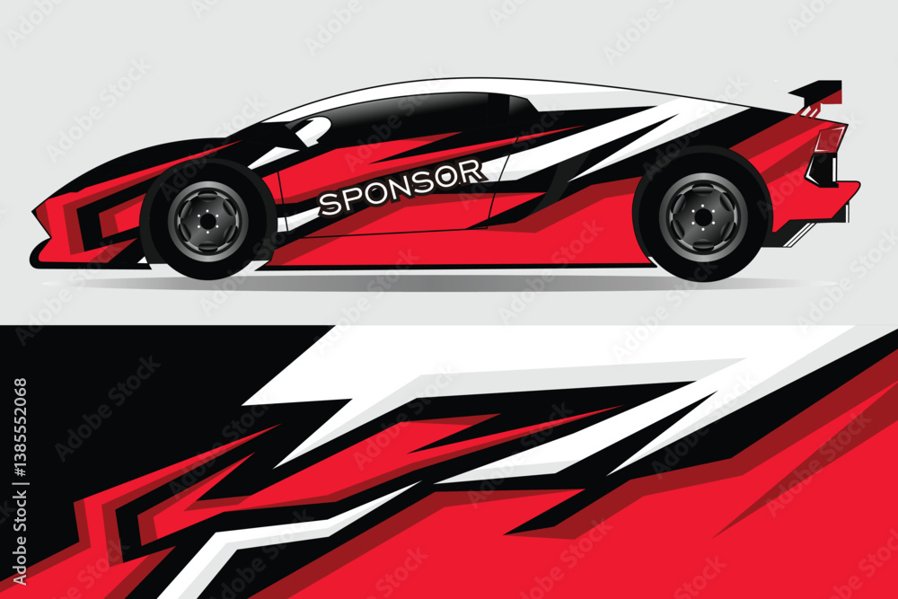 Sleek racing car design featuring dynamic red and black graphics with a sponsor logo Sleek racing car design featuring dynamic red and black graphics with a sponsor logo