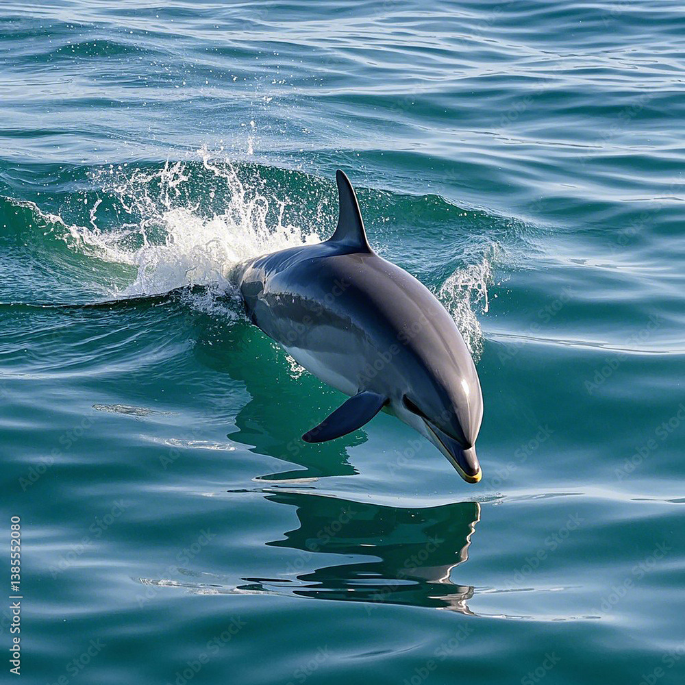 Fototapeta premium Playful dolphin leaping out of clear turquoise ocean water on a bright sunny day.