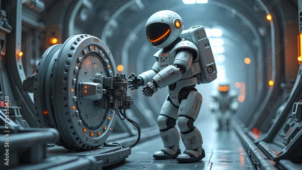 Fototapeta premium Robot repairman inside the spacecraft