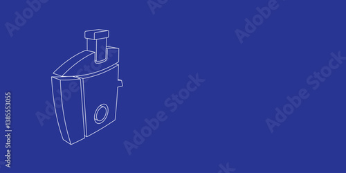 The outline of a large juicer symbol made of white lines on the left. 3D view of the object in perspective. Vector illustration on indigo background