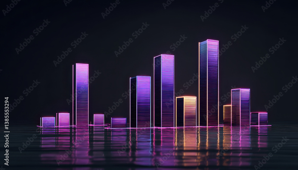 Stylized futuristic graph showing digital assets with vibrant neon colors reflecting on dark surface, creating modern aesthetic