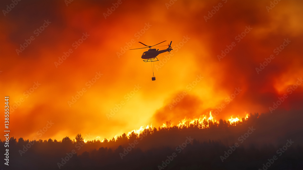 A helicopter hovers above a forest blaze, dropping water to combat the intense flames. The sky is filled with vivid orange and red hues, creating a dramatic backdrop as the wildfire spreads