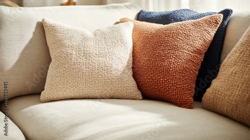 Cozy living room design with stylish throw pillows modern home interior soft textiles natural light close-up view comfort and elegance