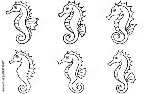 Outline Seahorses, Black and White, Marine Life, Sea Creatures, Isolated, Cartoon