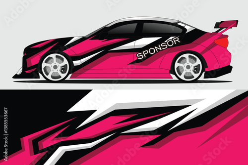 Sleek pink racing car with dynamic graphics showcased against a minimalist background, highlighting speed