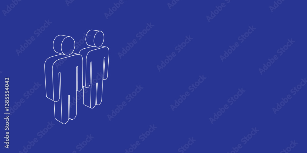 The outline of a large man with man symbol made of white lines on the left. 3D view of the object in perspective. Vector illustration on indigo background