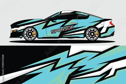 Vibrant sports car with dynamic graphic design parked against a minimalist background