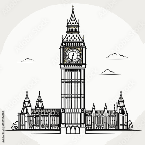Big Ben hand-drawn comic illustration. Big Ben. Vector doodle style cartoon illustration