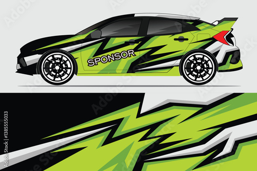 Vibrant green and black race car design with dynamic graphics, showcasing speed and style