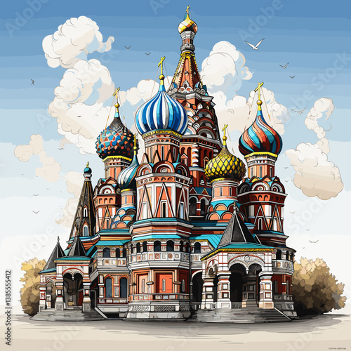 Saint Basil's Cathedral hand-drawn comic illustration. Cathedral of Vasily the Blessed. Vector doodle style cartoon illustration