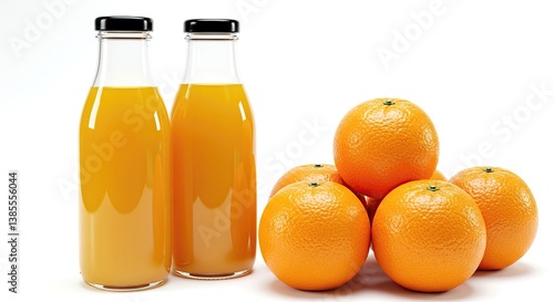 There are two bottles of refreshing orange juice beside a pile of fresh oranges