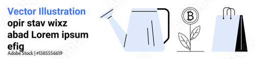 Watering can pouring, sprouting plant with Bitcoin, and shopping bag promote growth, technology, and eco-consciousness. Ideal for finance, sustainability, gardening, innovation business strategy