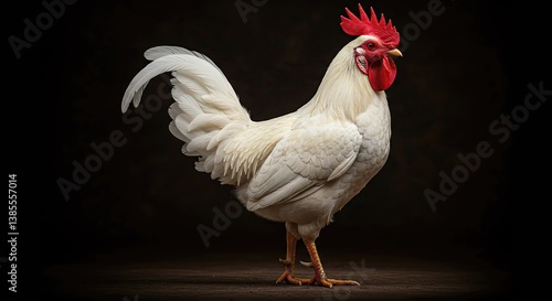 An Elegant White Rooster Posed Beautifully in Dramatic and Artistic Lighting Setting