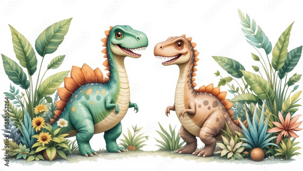 Obraz premium Cute dinosaurs in a lush jungle setting