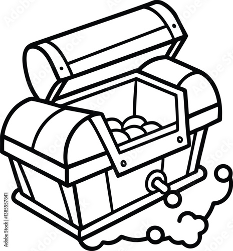 Outline Style Open Treasure Chest With Gold Coins and Sea Bubbles