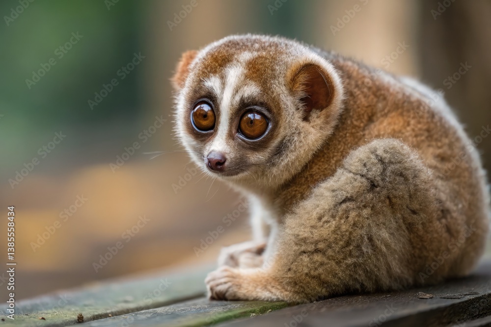 Obraz premium Curious Slow Loris Resting on a Wooden Surface in the Forest Generative AI