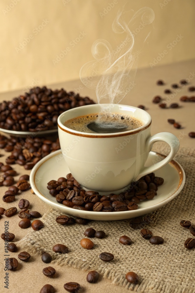 Fototapeta premium Freshly Brewed Coffee With Aromatic Beans on a Rustic Surface Generative AI