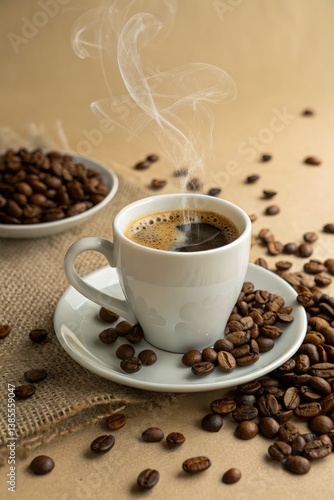 Delicious Coffee Steaming in a White Cup Beside Roasted Beans Generative AI