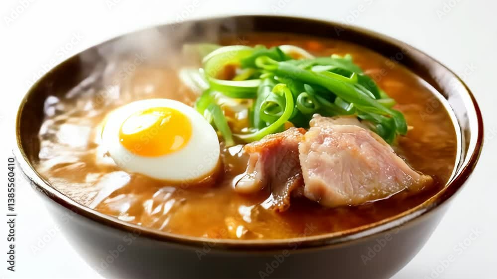 Steaming bowl of ramen noodles with soft boiled egg, sliced pork, and spring onions, concept for food blog, restaurant menu, or culinary website Steaming bowl of ramen noodles with soft boiled egg, sliced pork, and spring onions, concept for food blog, restaurant menu, or culinary website