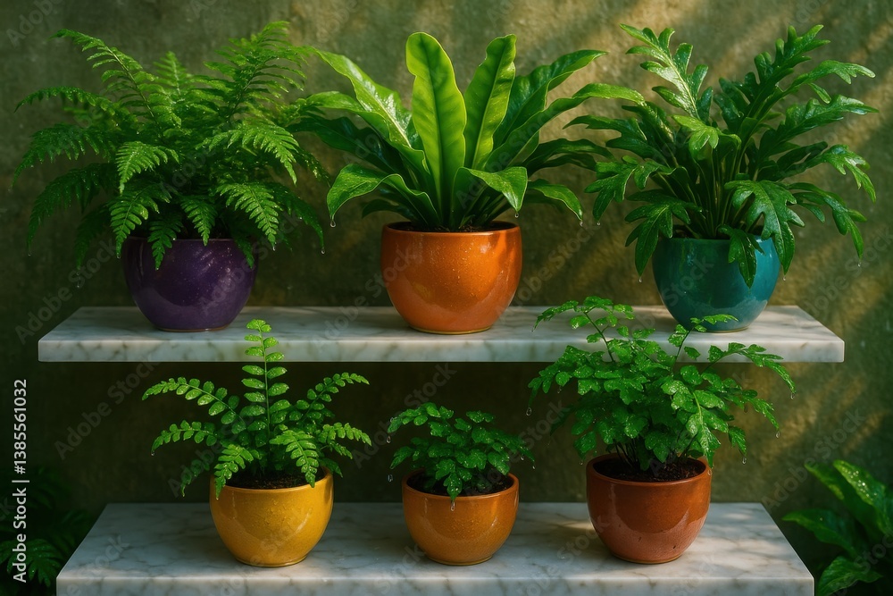 Fototapeta premium Five ferns with dewdrops in colorful clay pots placed on marble wall shelves under soft sunlight