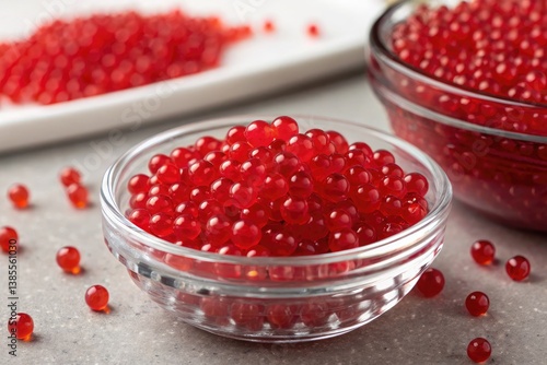 Vibrant Red Fish Roe Displayed in Glass Bowls on a Countertop Generative AI