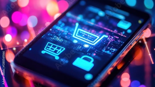 Mobile Shopping App, Secure Online Purchase, Neon Lights