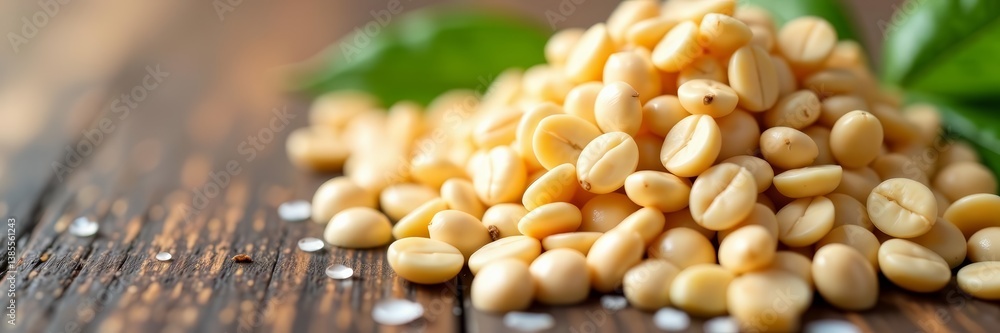 Close-up of soy milk beans with droplets on a wooden table, healthy drink concept, beans, banner, soy milk Close-up of soy milk beans with droplets on a wooden table, healthy drink concept, beans, banner, soy milk