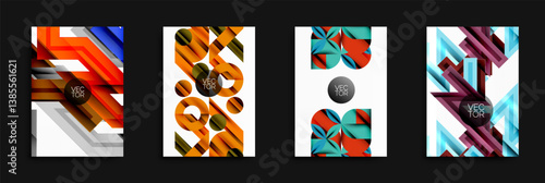 Four abstract vector designs. Geometric shapes overlap, creating dynamic compositions. Warm, cool color palettes dominate each illustration. Text VEC TOR present within designs.
