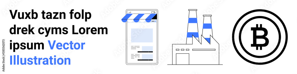 Online storefront with awning, industrial factory with chimneys, Bitcoin logo. Ideal for e-commerce, blockchain, technology, industry, business, cryptocurrency or simple landing page Online storefront with awning, industrial factory with chimneys, Bitcoin logo. Ideal for e-commerce, blockchain, technology, industry, business, cryptocurrency or simple landing page