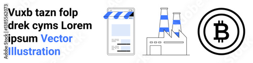 Online storefront with awning, industrial factory with chimneys, Bitcoin logo. Ideal for e-commerce, blockchain, technology, industry, business, cryptocurrency or simple landing page