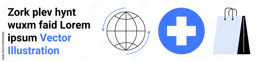 Globe with arrows represents global communication, blue cross signifies healthcare, shopping bag reflects retail. Ideal for commerce, healthcare access, globalization, online shopping, connection Globe with arrows represents global communication, blue cross signifies healthcare, shopping bag reflects retail. Ideal for commerce, healthcare access, globalization, online shopping, connection