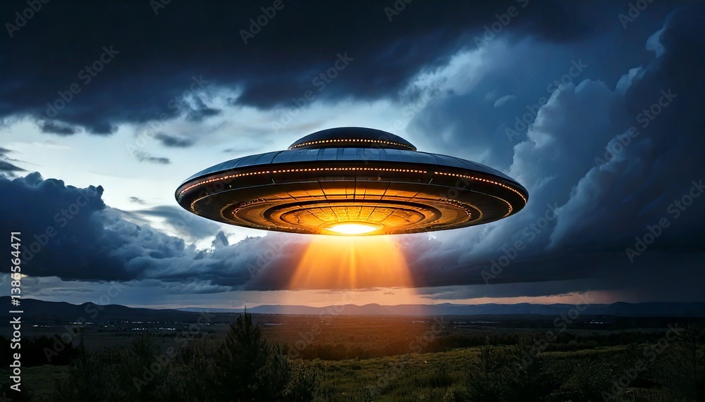 UFO Over Dramatic Sky: An enigmatic flying saucer hovers beneath a dramatic, ominous sky, casting an otherworldly beam of light over a serene landscape, blending sci-fi mystery with natural beauty. UFO Over Dramatic Sky: An enigmatic flying saucer hovers beneath a dramatic, ominous sky, casting an otherworldly beam of light over a serene landscape, blending sci-fi mystery with natural beauty.