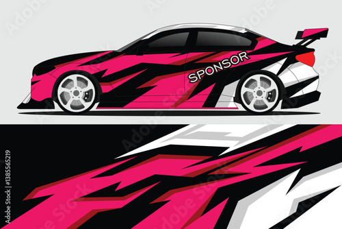 Vibrant racing car design showcasing dynamic graphics and bold colors on a sleek vehicle