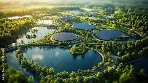 Wallpaper Mural Aerial view of a lush landscape featuring circular ponds, solar panels, and greenery, highlighting sustainable design and nature integration. Torontodigital.ca