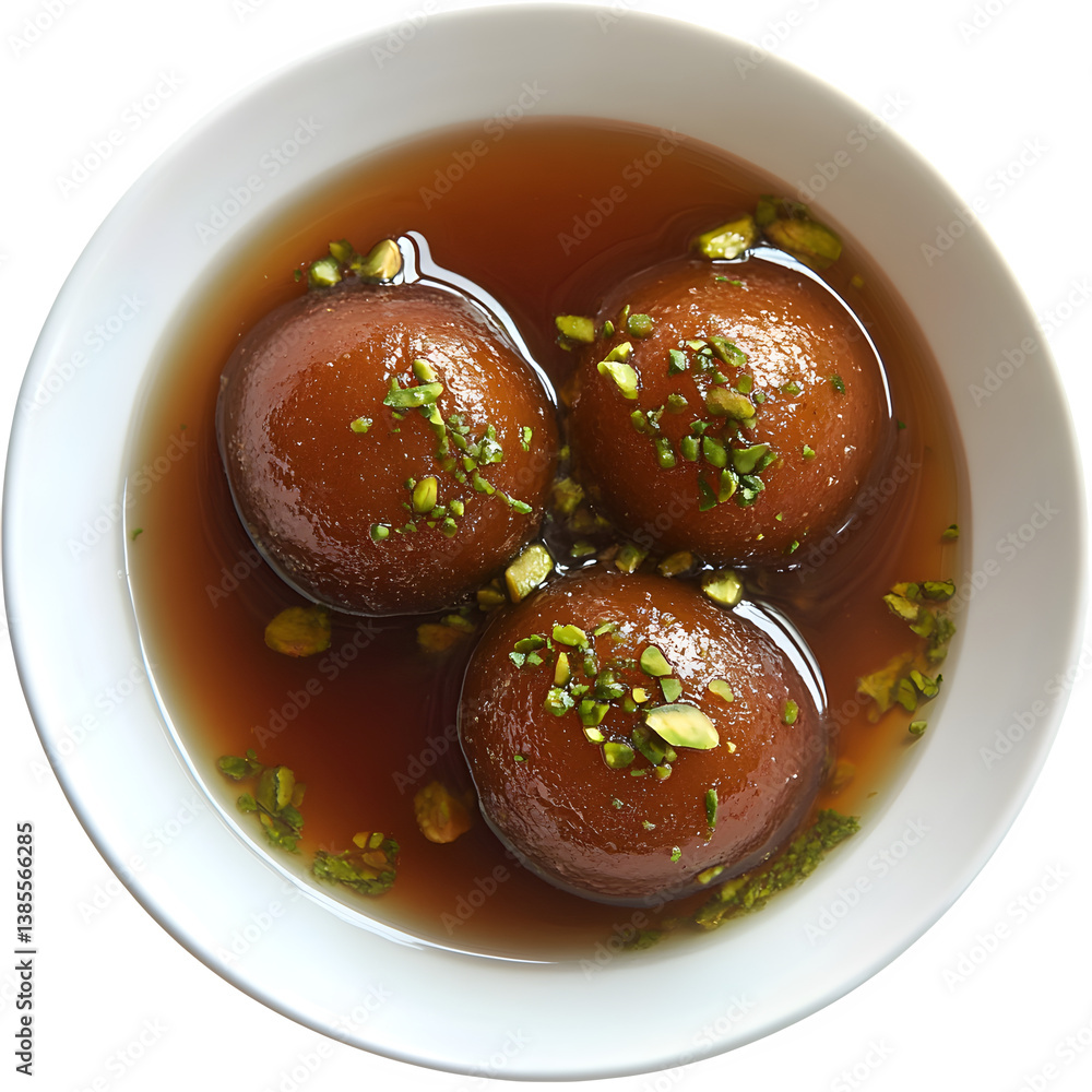A serving of gulab jamun in sugar syrup with a pistachio garnish, isolated on a transparent background. A serving of gulab jamun in sugar syrup with a pistachio garnish, isolated on a transparent background.