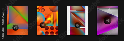Four vibrant abstract designs. Each features fluid shapes, gradients, bold colors, plus circular vector labels. Modern aesthetic, dynamic compositions, eyecatching visuals.