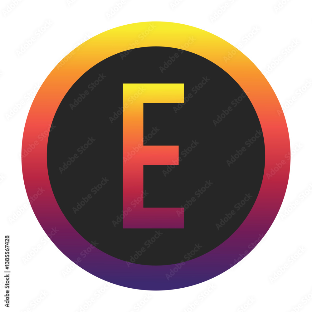 Abstract Capital Letter E Displaying a Vibrant Spectrum of Warm to Cool Gradient Colors Encased in a Smooth Dark Circular Frame Abstract Capital Letter E Displaying a Vibrant Spectrum of Warm to Cool Gradient Colors Encased in a Smooth Dark Circular Frame