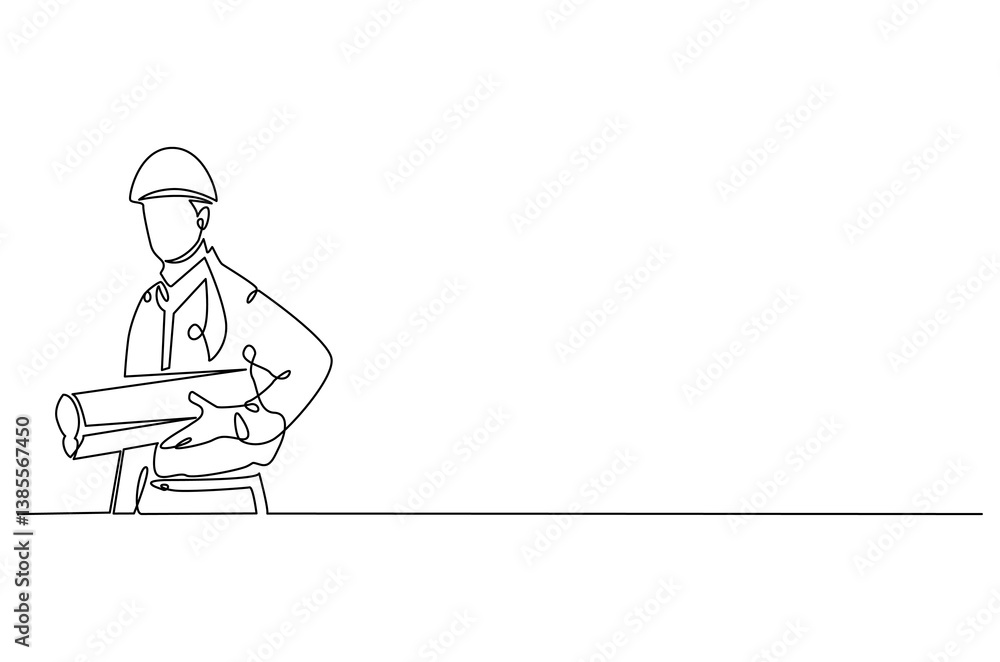 Continuous one line drawing of male architect holding blueprint paper. Single line drawing illustration of man construction worker. Work profession concept vector art. Doodle line illustration. Continuous one line drawing of male architect holding blueprint paper. Single line drawing illustration of man construction worker. Work profession concept vector art. Doodle line illustration.