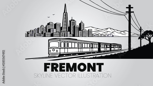 Minimalist Fremont skyline silhouette on a white background, incorporating Mission Peak, Niles Canyon Railway, and city skyline.