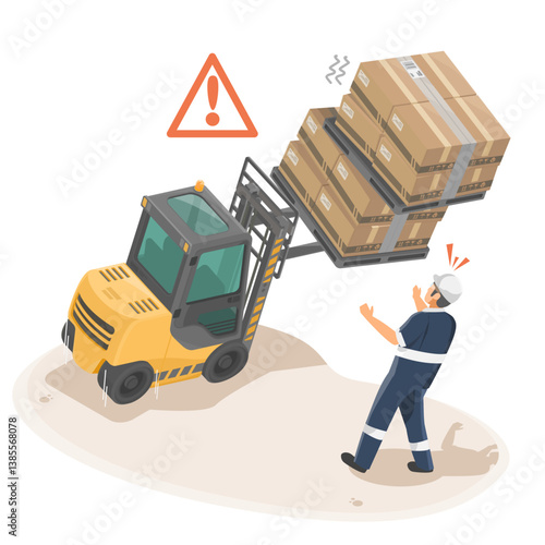 Industrial workplace accident risk with overloaded forklift and shocked worker in unsafe cargo handling situation isometric cartoon