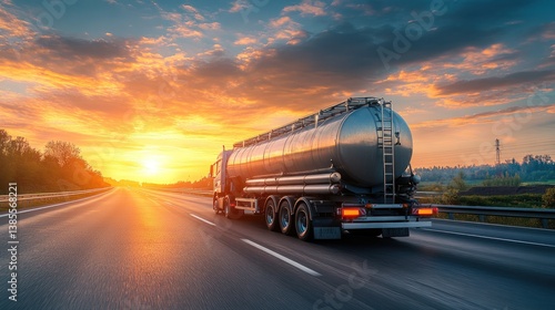 Tanker Truck Driving on Highway at Sunset
