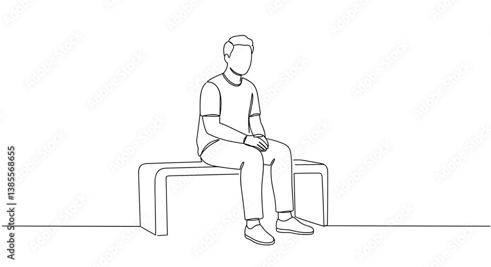 Man sitting pensively on a bench in a minimalistic style Man sitting pensively on a bench in a minimalistic style