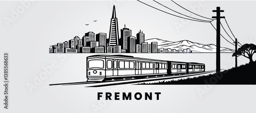 Minimalist Fremont skyline silhouette on a white background, incorporating Mission Peak, Niles Canyon Railway, and city skyline.